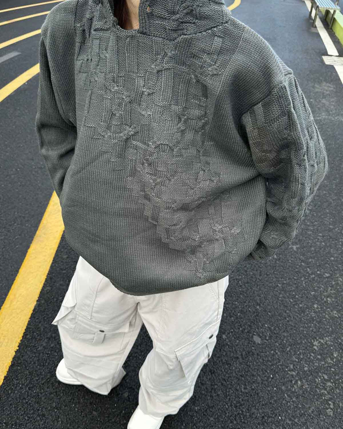 Asymmetric Knit Hooded Sweater-Hoodies-Grimstrike