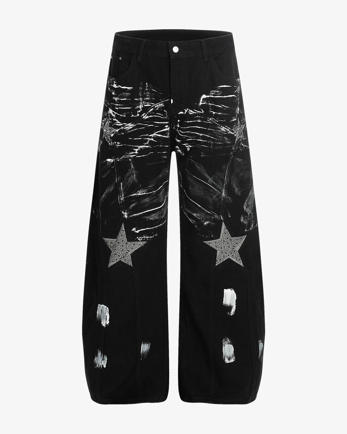 Black Star Paint Baggy Jeans featuring wide-leg silhouette, mid-rise waist, distressed white paint-splatter, grey star patches, and white brush-stroke details for bold street style.
