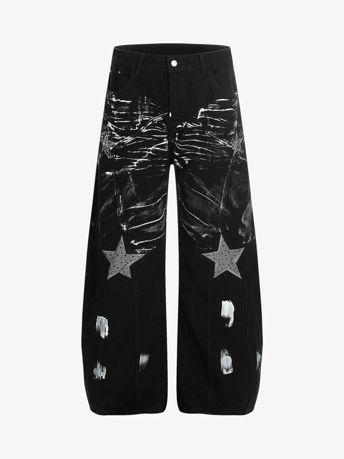 Black Star Paint Baggy Jeans featuring wide-leg silhouette, mid-rise waist, distressed white paint-splatter, grey star patches, and white brush-stroke details for bold street style.