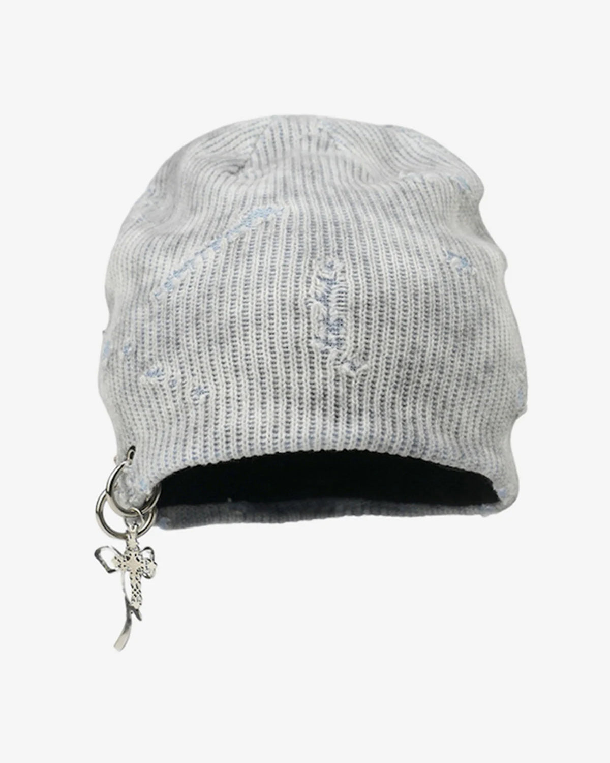 Distressed Charm Knit Hat with a light-gray ribbed knit, featuring intentional distressing, a dangling silver-tone charm, and a slouchy, grunge-inspired design.