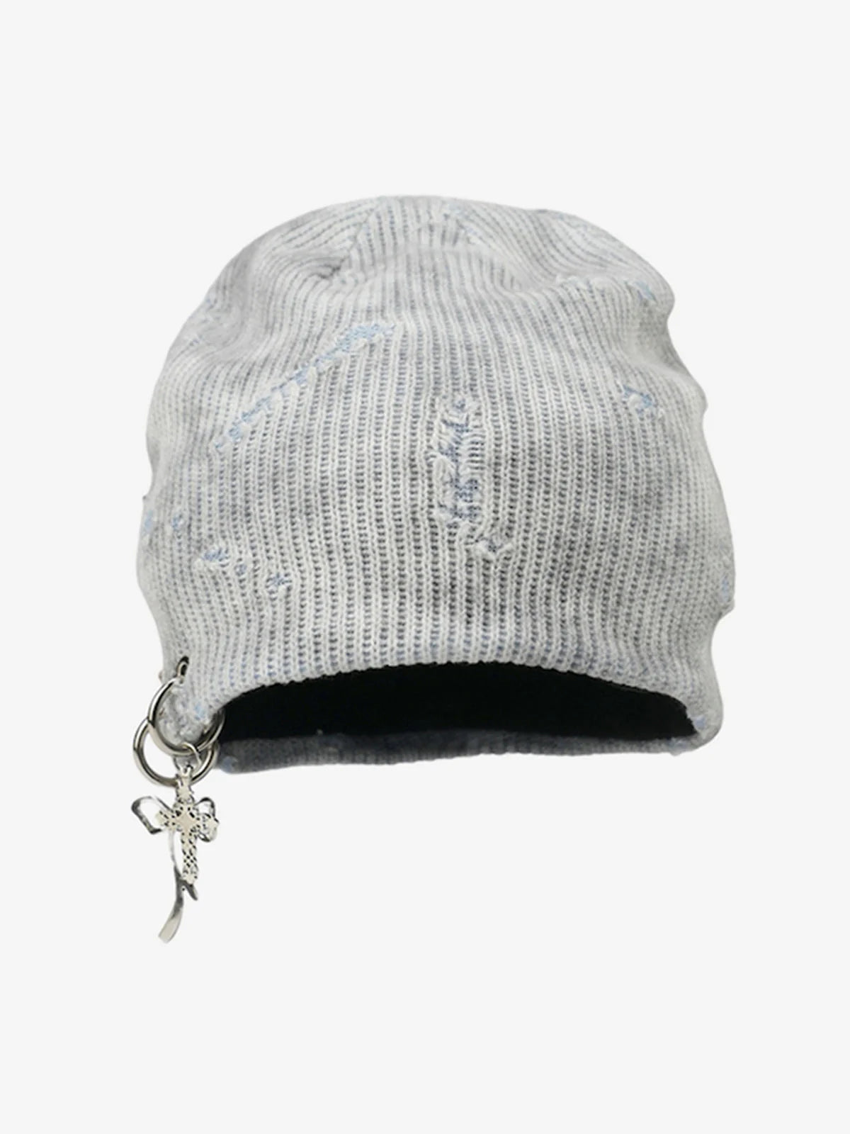 Distressed Charm Knit Hat with a light-gray ribbed knit, featuring intentional distressing, a dangling silver-tone charm, and a slouchy, grunge-inspired design.