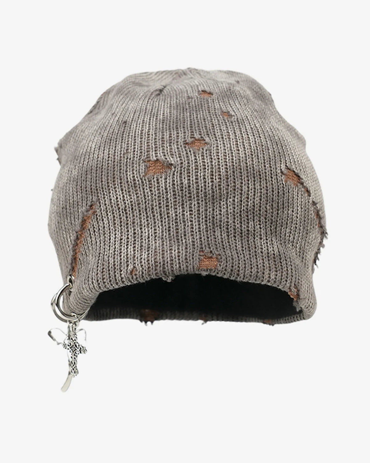 Distressed Charm Knit Hat: A gray, slouch-style beanie with deliberate distressing, featuring a cross charm on a silver ring, perfect for grunge and streetwear styles.