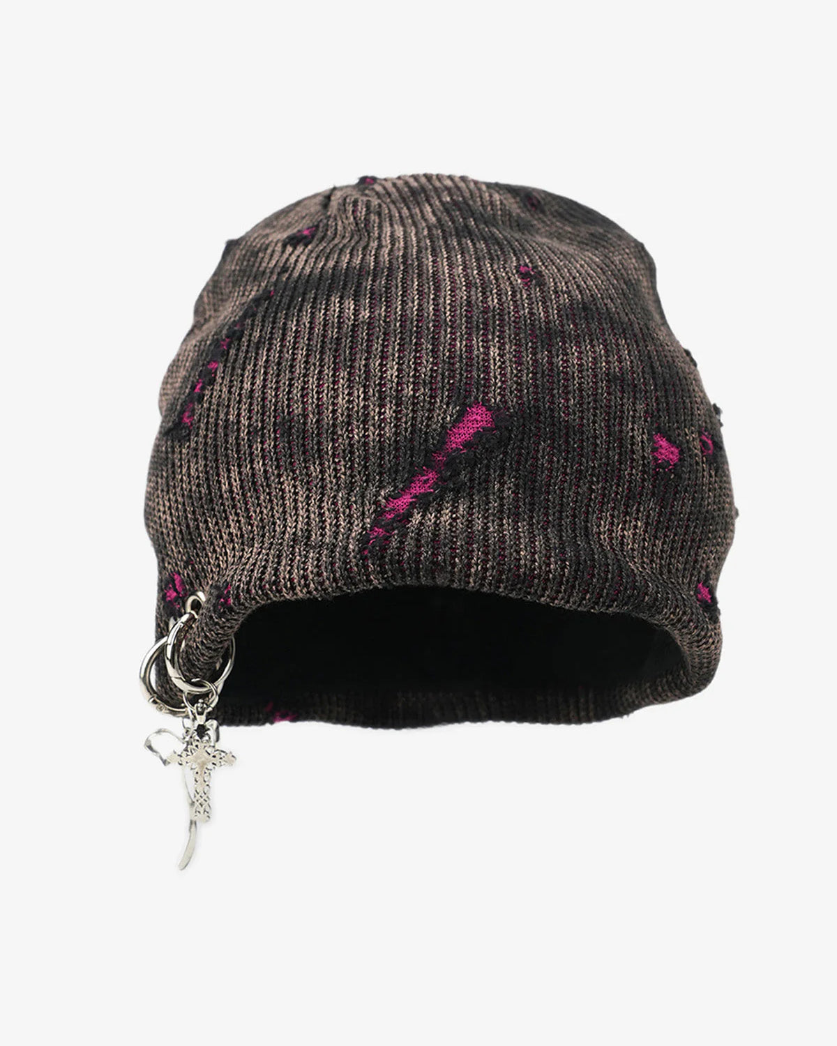Distressed Charm Knit Hat with marled yarn, showcasing deliberate holes, rough-knit texture, and a silver-tone cross charm for a grunge streetwear aesthetic.