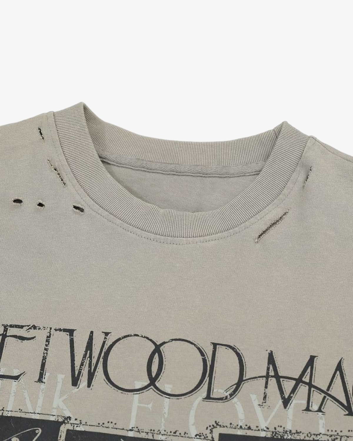 Distressed Grunge Layered T-Shirt with ribbed crew-neck, distressed holes, faded graphic, and built-in camo sleeves for a vintage, streetwear look.