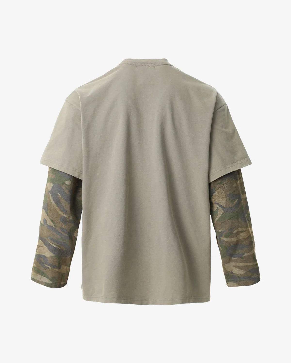 Distressed Grunge Layered T-Shirt featuring a muted olive short-sleeve with built-in woodland camo long sleeves, showcasing a relaxed streetwear fit.