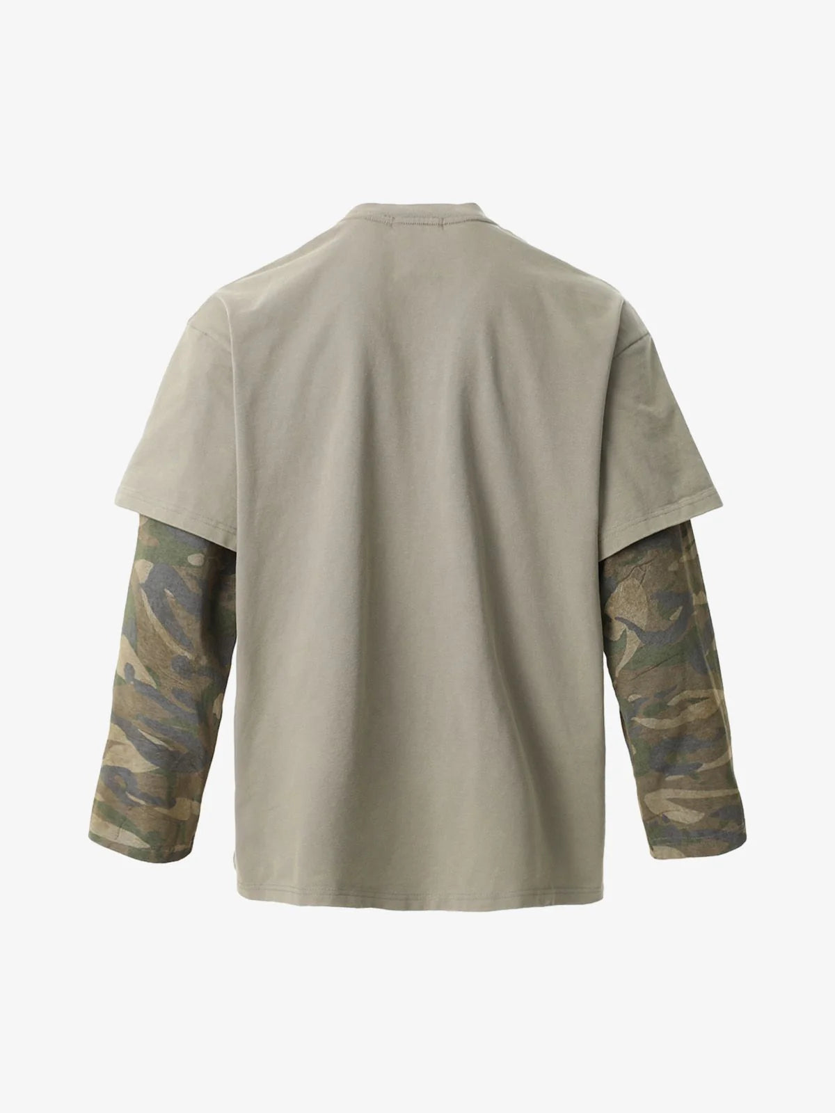 Distressed Grunge Layered T-Shirt featuring a muted olive short-sleeve with built-in woodland camo long sleeves, showcasing a relaxed streetwear fit.