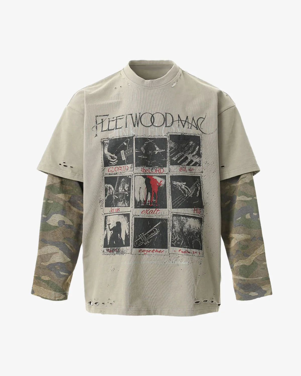 Distressed Grunge Layered T-Shirt with beige crewneck, Fleetwood Mac print, vintage panels, and built-in camo sleeves for a worn-in, streetwear look.