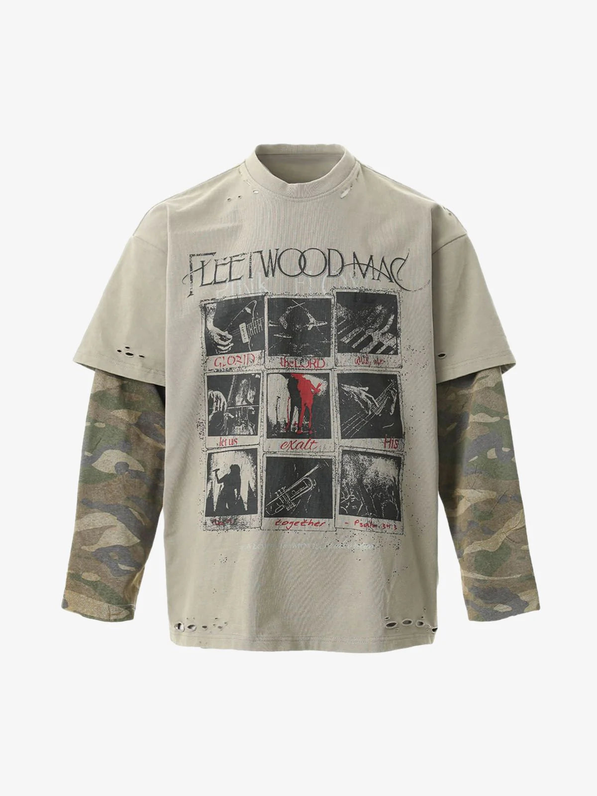 Distressed Grunge Layered T-Shirt with beige crewneck, Fleetwood Mac print, vintage panels, and built-in camo sleeves for a worn-in, streetwear look.