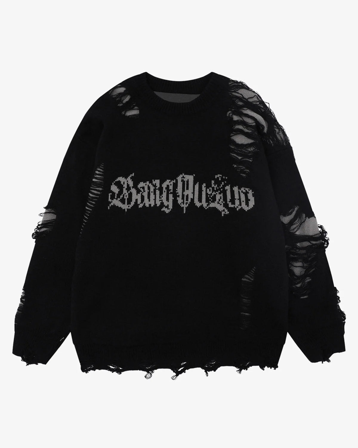 Distressed Letter Jacquard Knit Sweater-sweater-Grimstrike