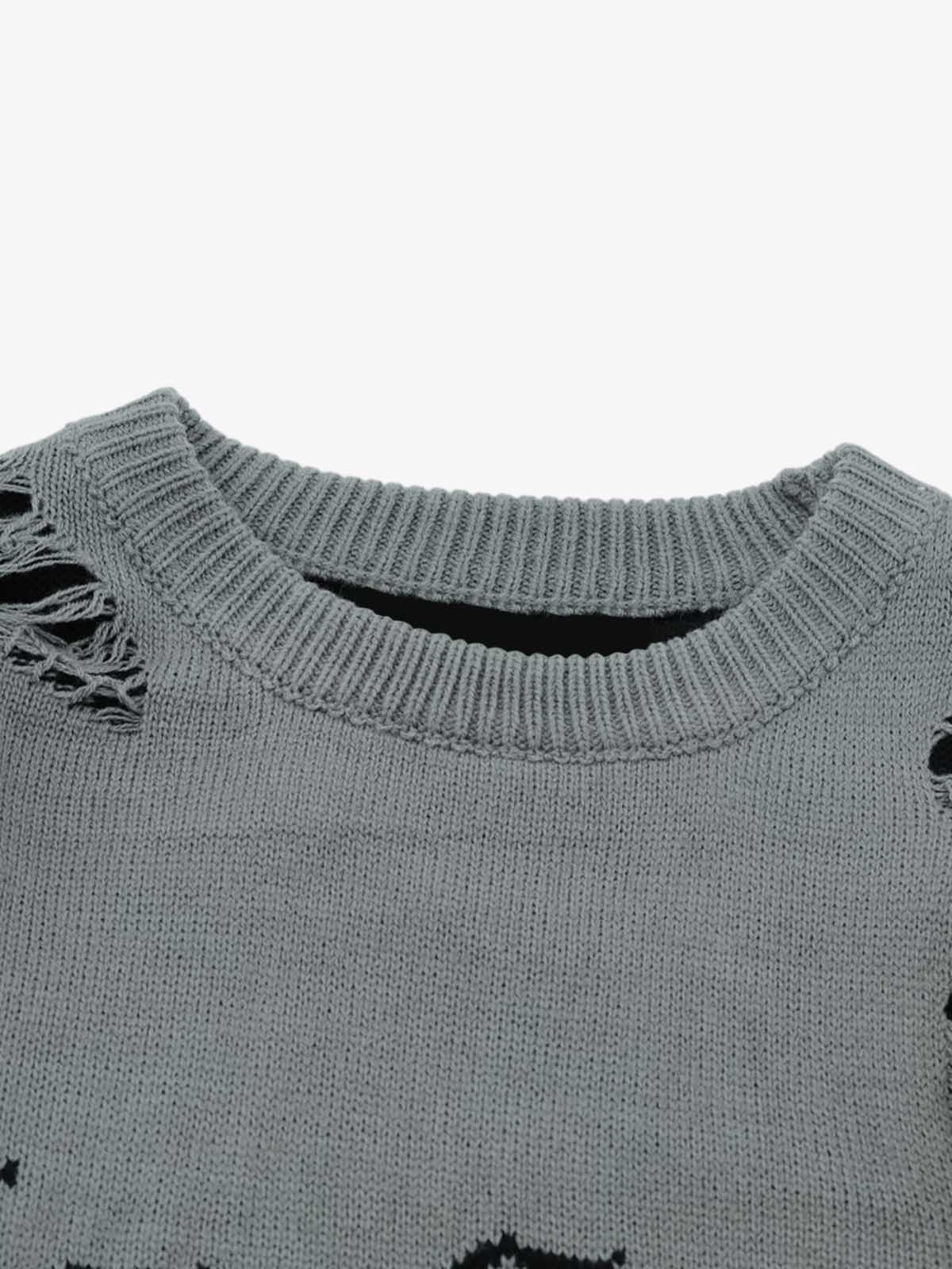 Distressed Letter Jacquard Knit Sweater-sweater-Grimstrike