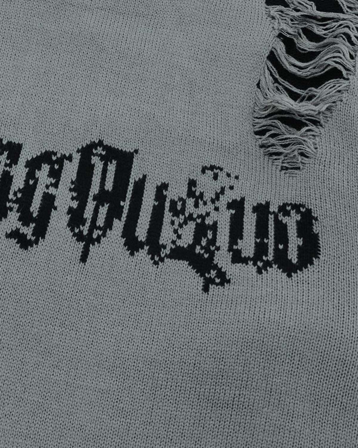 Distressed Letter Jacquard Knit Sweater-sweater-Grimstrike