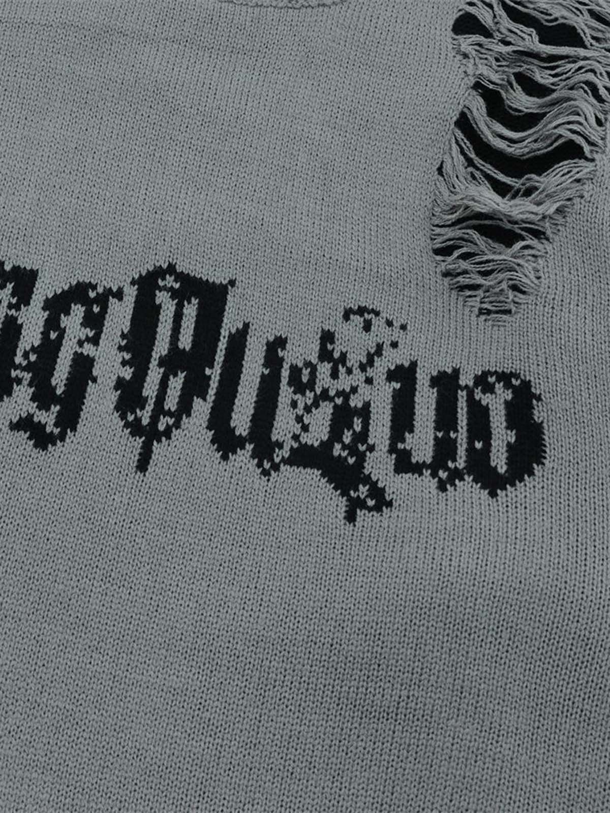 Distressed Letter Jacquard Knit Sweater-sweater-Grimstrike