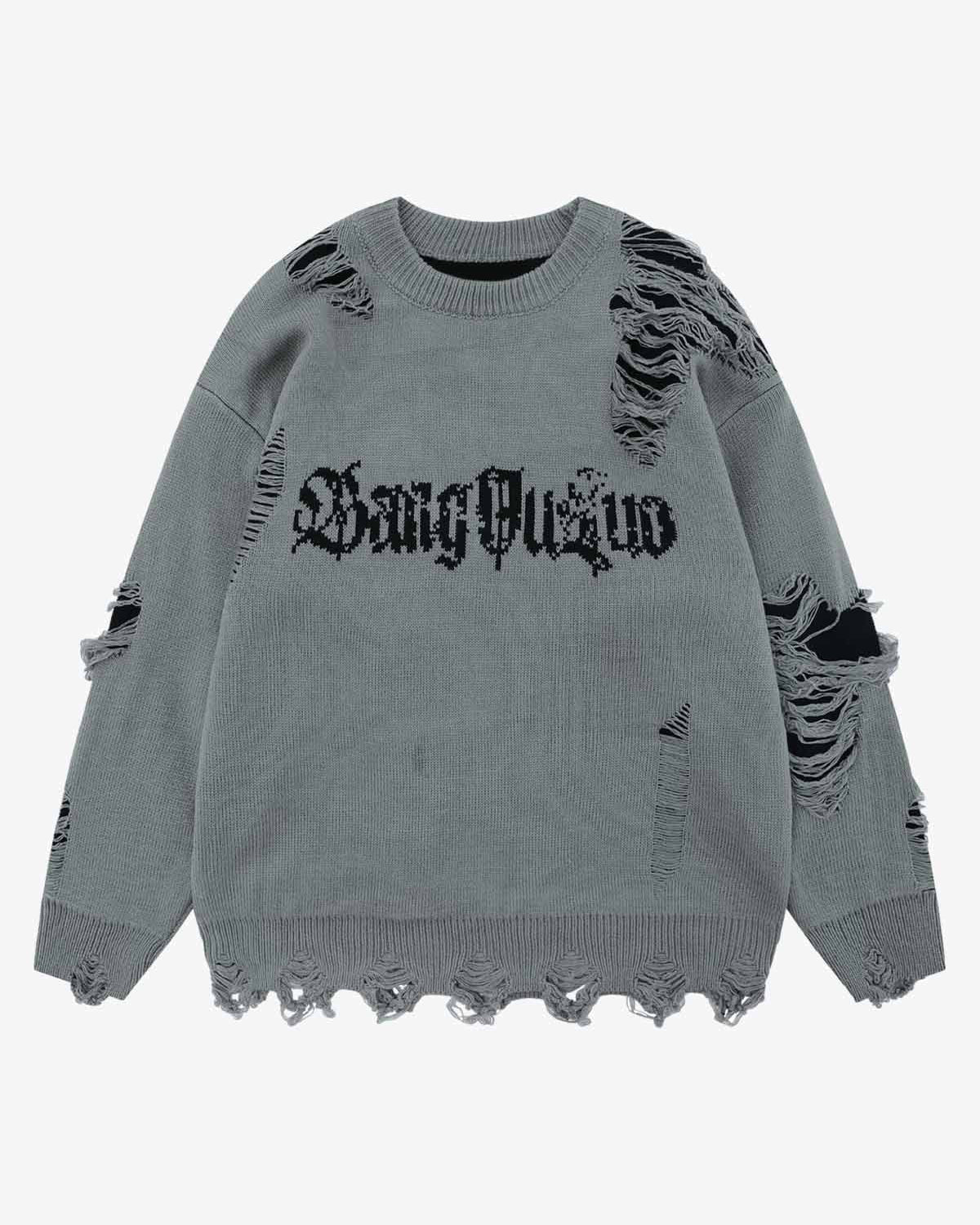 Distressed Letter Jacquard Knit Sweater-sweater-Grimstrike
