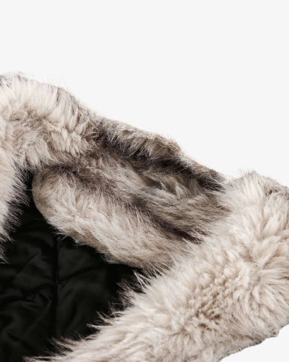 Distressed Washed Faux Fur Winter Jacket hood featuring fluffy gray faux-fur trim and black quilted lining, highlighting its cozy, stylish winter streetwear appeal.