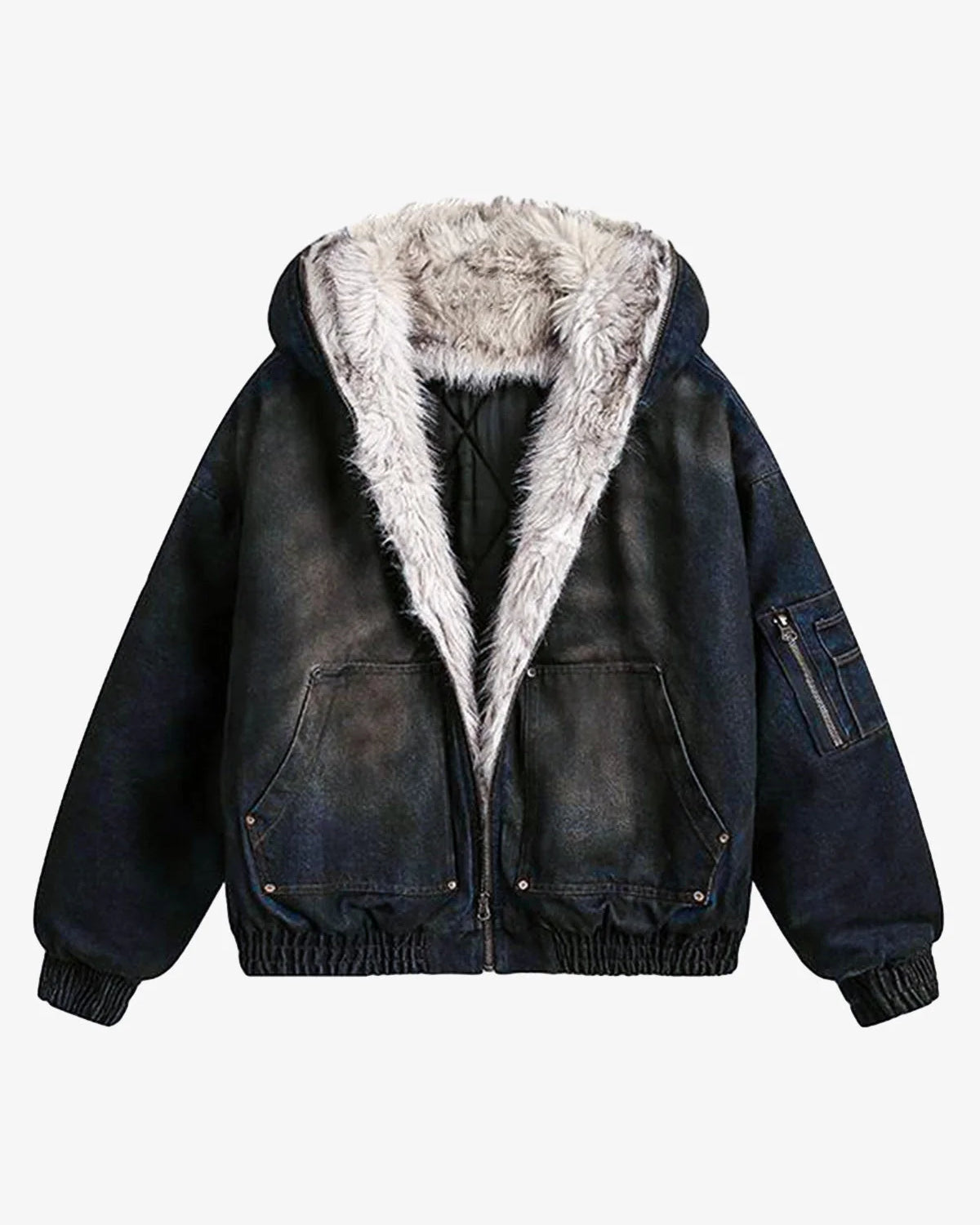 Distressed Washed Faux Fur Winter Jacket with dark denim look, sherpa-lined hood, zip front, elasticized cuffs, front pockets, and sleeve zip pocket.