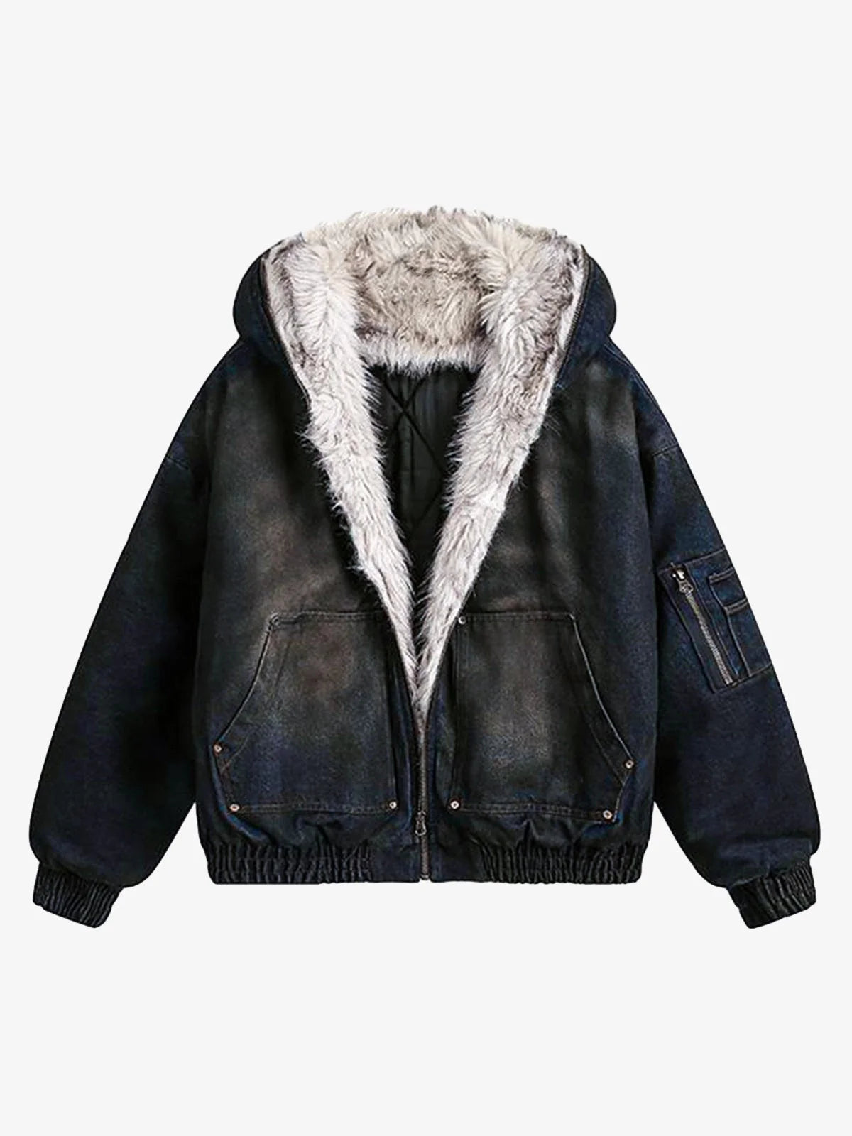 Distressed Washed Faux Fur Winter Jacket with dark denim look, sherpa-lined hood, zip front, elasticized cuffs, front pockets, and sleeve zip pocket.