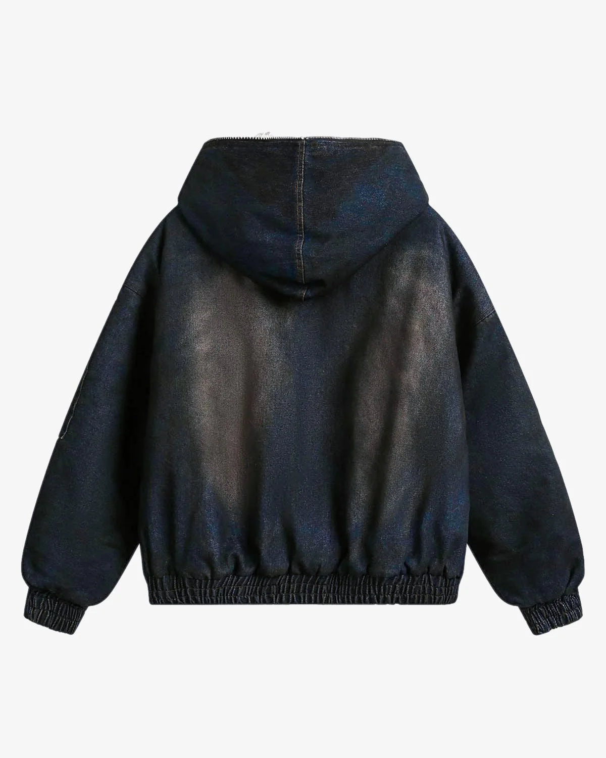 Back view of Distressed Washed Faux Fur Winter Jacket, showcasing its textured, dark sheen, elastic cuffs and hem, and roomy hood.