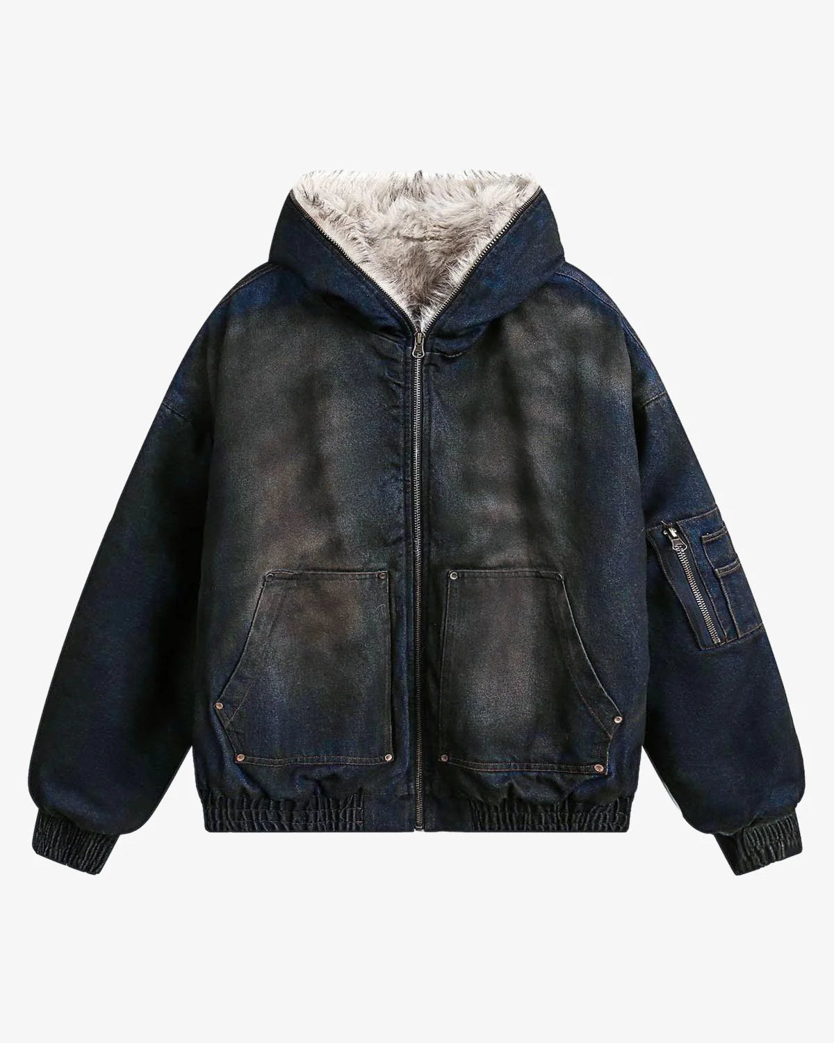 Distressed Washed Faux Fur Winter Jacket with a dark denim look, roomy hood, patch pockets, and elasticized cuffs, featuring warm faux fur lining.