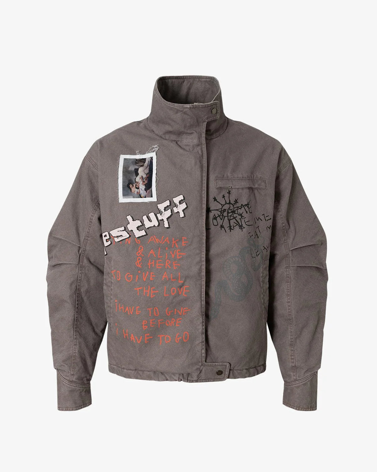Graphic Graffiti High Neck Street Jacket with asymmetrical placket, graffiti graphics, distressed finish, high stand-up collar, and sewn-on photo patch, embodying bold streetwear style.