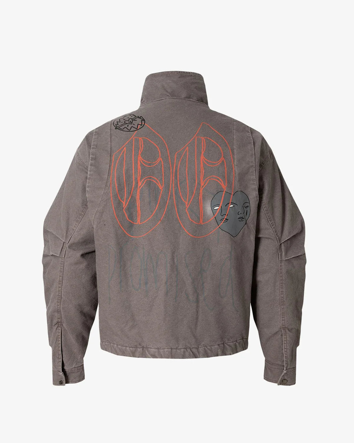 Graphic Graffiti High Neck Street Jacket features hand-drawn graphics, including red ovals, a pumpkin doodle, and a heart with faces, enhancing its streetwear attitude.