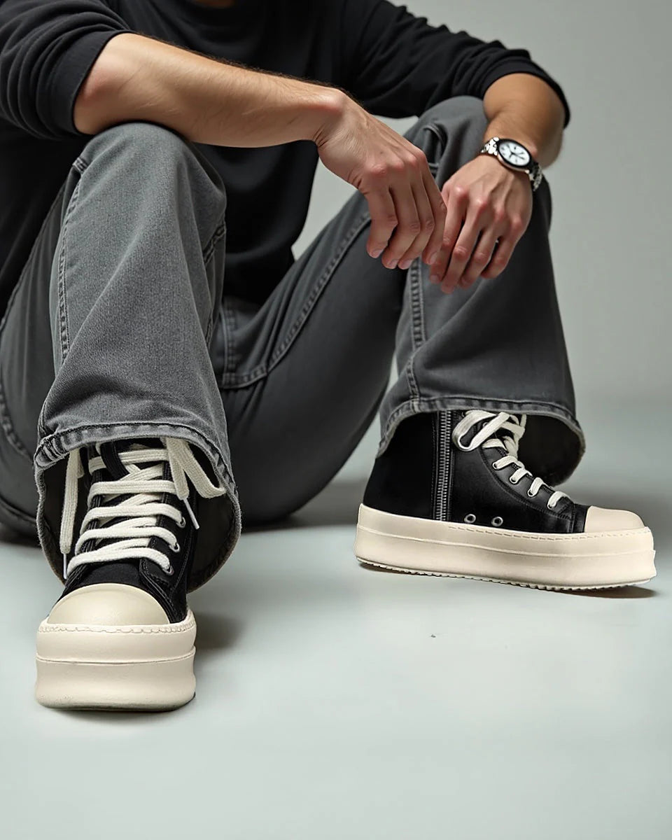 High-Top Platform Streetwear Sneakers with chunky off-white soles and wrapped laces, showcasing a bold Y2K-inspired silhouette for a modern streetwear look.