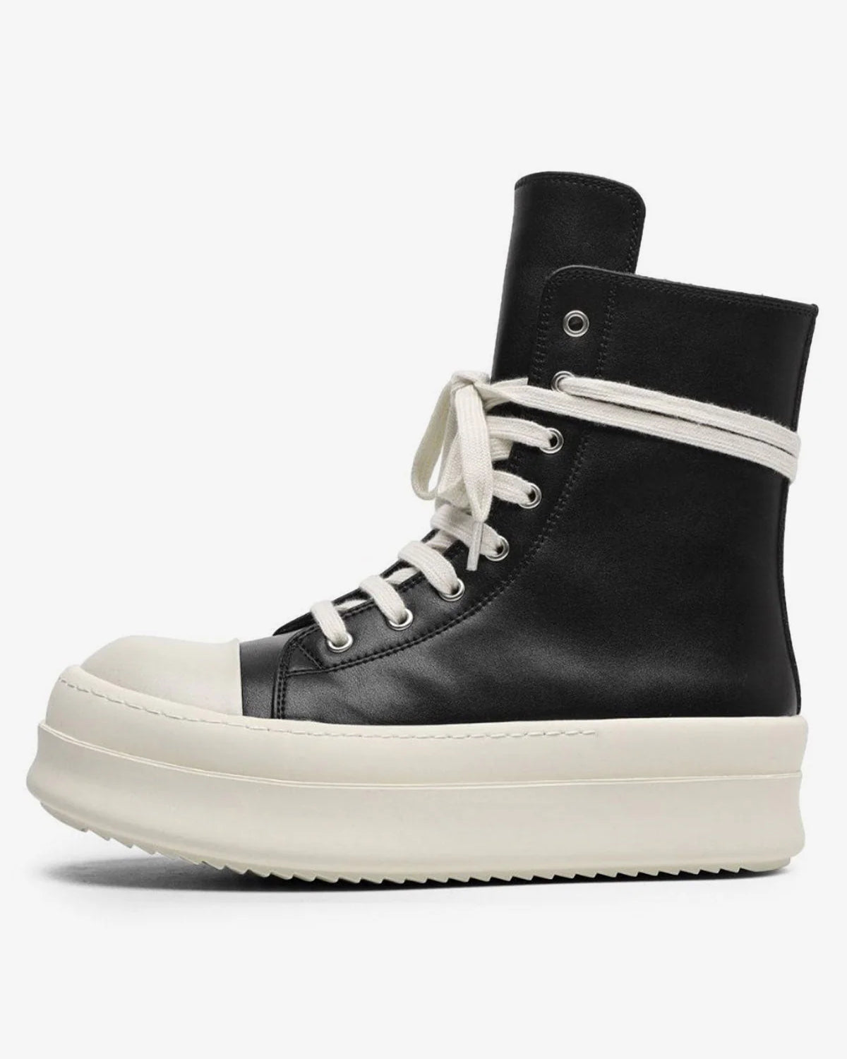 High-Top Platform Streetwear Sneakers in black leather feature a tall upper, cream laces, thick off-white sole, and a bold fashion-forward design.