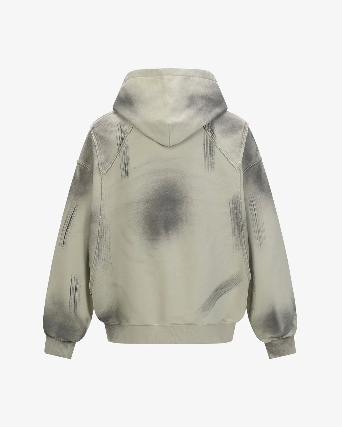 Back view of Ink Dyed Raw-Edge Streetwear Hoodie, showcasing its oversized silhouette, bleach-washed effect, drawstring hood, and raw-edge detailing.