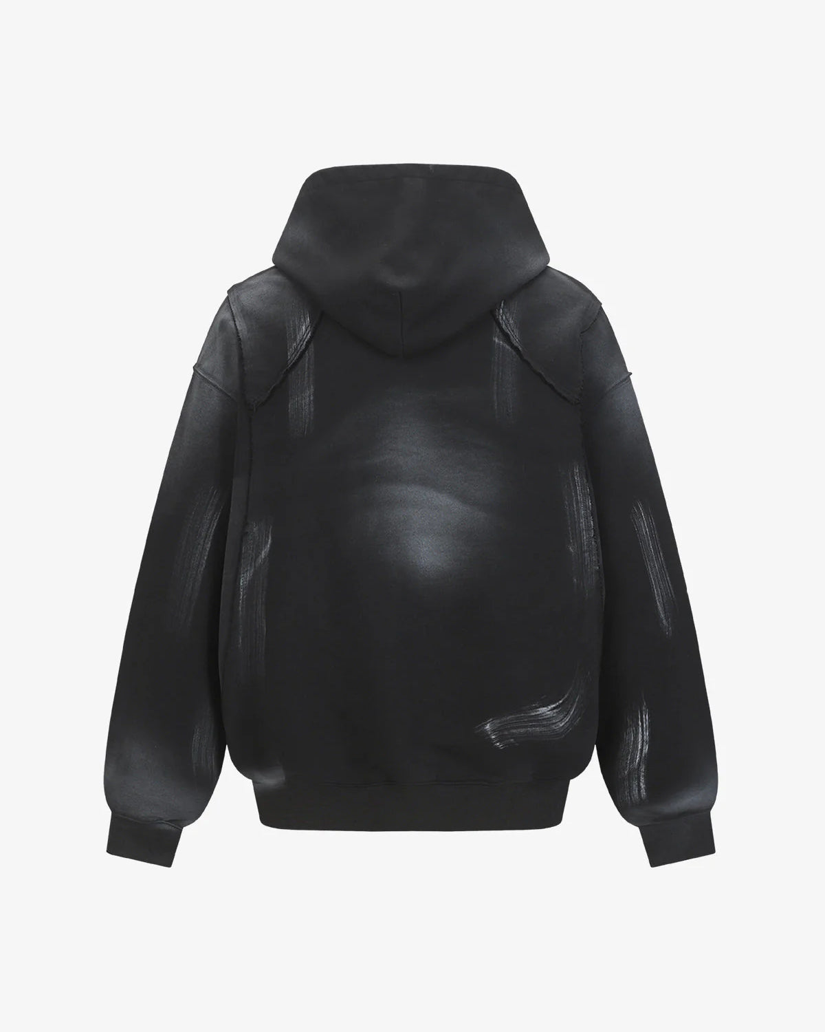 Ink Dyed Raw-Edge Streetwear Hoodie with a roomy hood, dropped shoulders, ribbed cuffs/hem, and pale-grey brushstroke effects for a bold, oversized streetwear look.