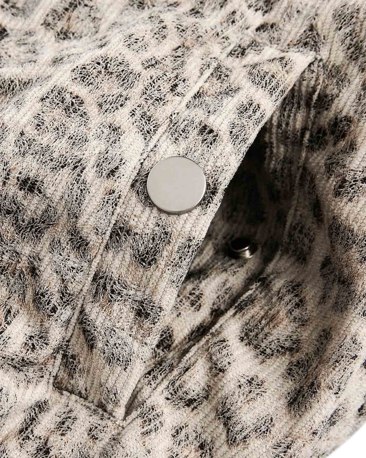 Close-up of Leopard Faux Fur Hooded Jacket fabric, showing muted animal print and silvery snap-button, hinting at the garment's stylish, textured design.