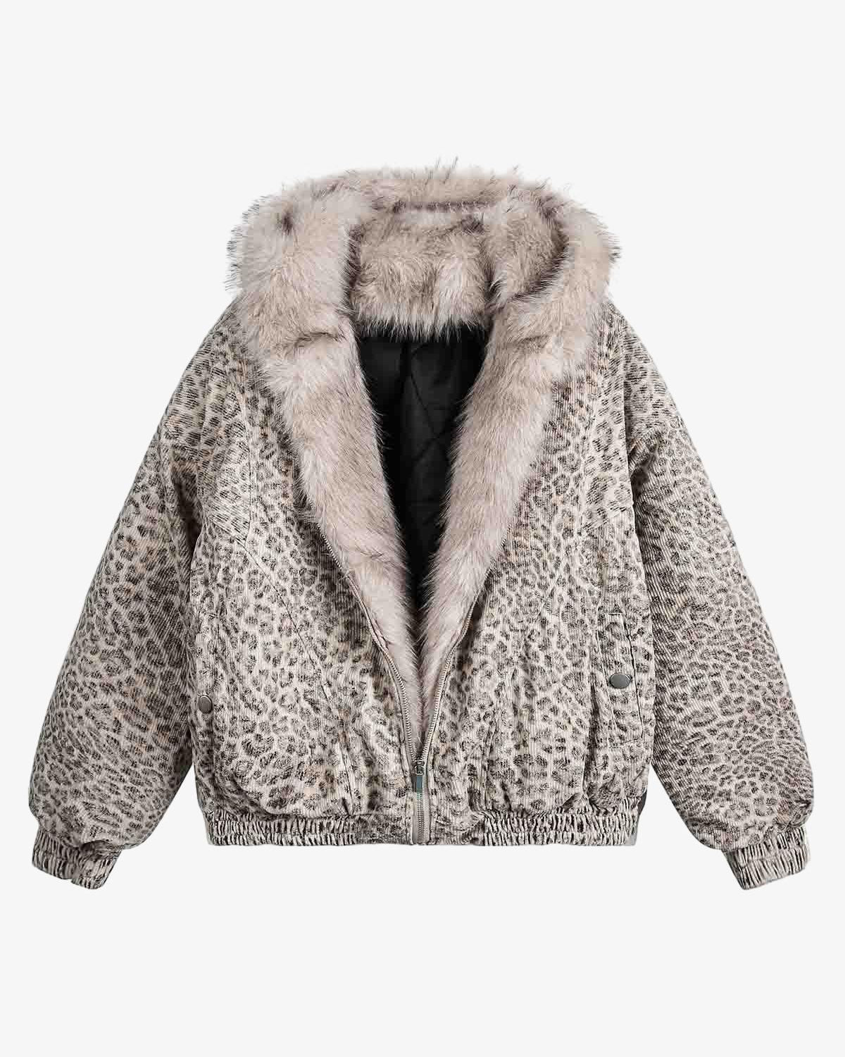 Leopard Faux Fur Hooded Jacket with a padded body, faux-fur-trimmed hood, elastic cuffs and hem, front zipper, and snap-button side pockets.