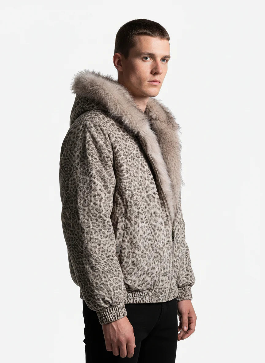 Young man models the Leopard Faux Fur Hooded Jacket, showcasing its plush fur-trimmed hood, leopard print, and elasticized details for a bold, warm streetwear look.
