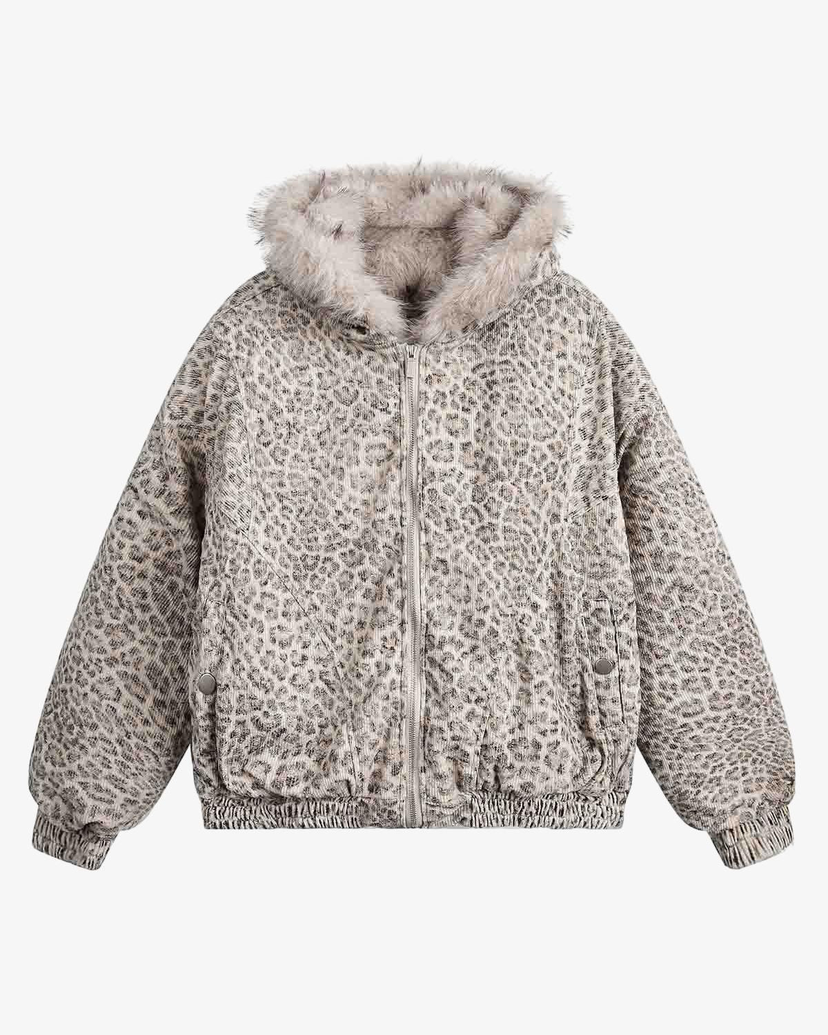 Leopard Faux Fur Hooded Jacket featuring a light gray-and-taupe leopard print, full-length zipper, elastic cuffs, side pockets, and fluffy faux fur-trimmed hood.