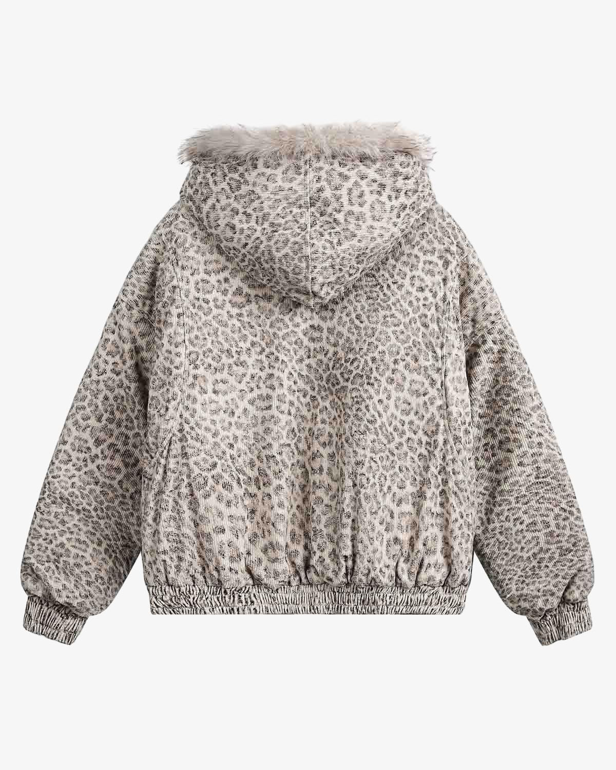 Leopard Faux Fur Hooded Jacket featuring a boxy bomber style, elastic hem, and muted grey leopard print with a faux-fur trimmed hood for bold winter streetwear.
