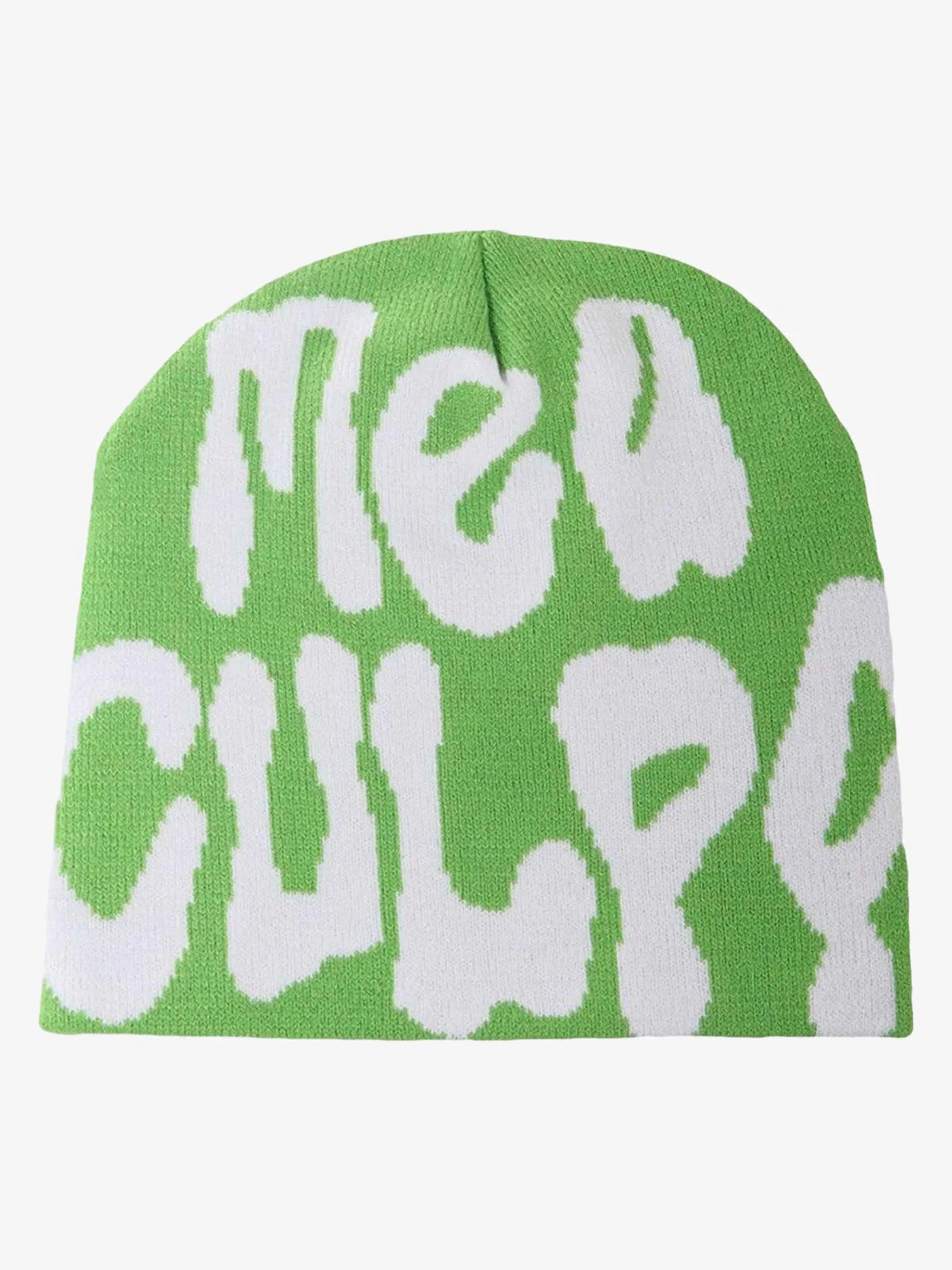 Bright green Letter Graphic Knit Hat with NEW CULTURE in bold white lettering, offering a soft, stretchy fit for stylish winter streetwear.