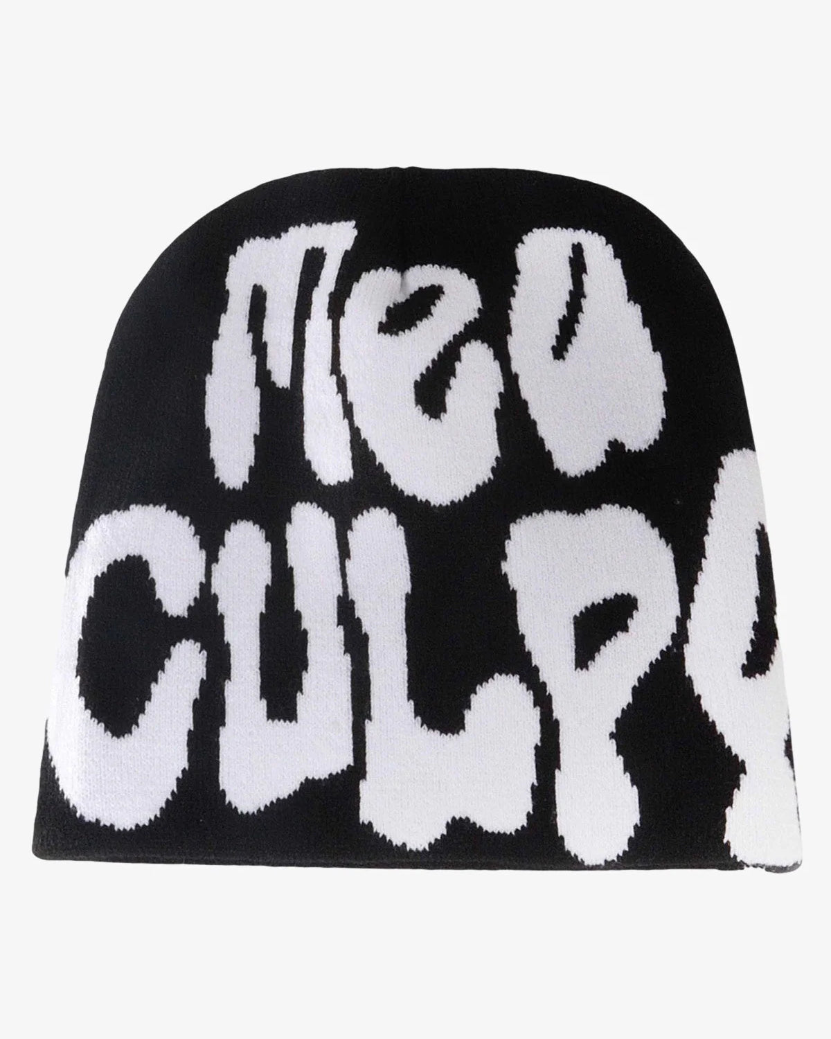Black knit beanie with NEW CULTURE. in white, offering a bold, soft texture. The Letter Graphic Knit Hat complements streetwear with its standout, cozy design.