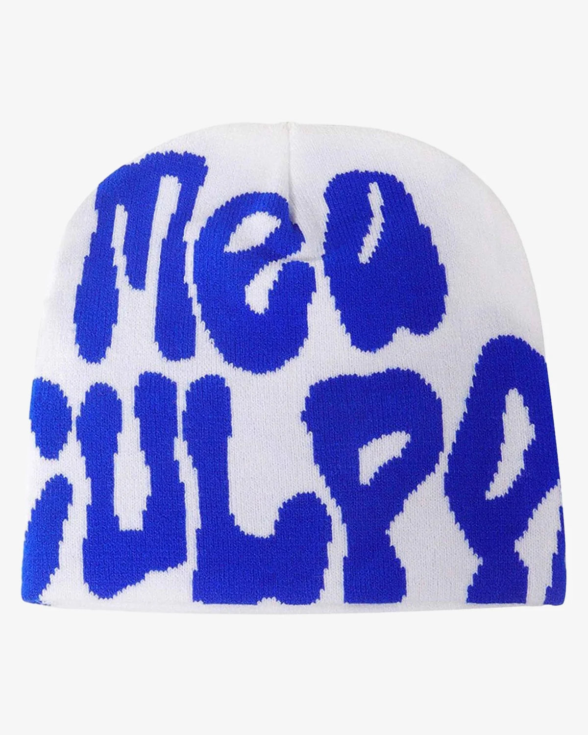 Letter Graphic Knit Hat featuring bold blue lettering on a white knit. Soft, stretchy design perfect for adding personality to streetwear and winter outfits.