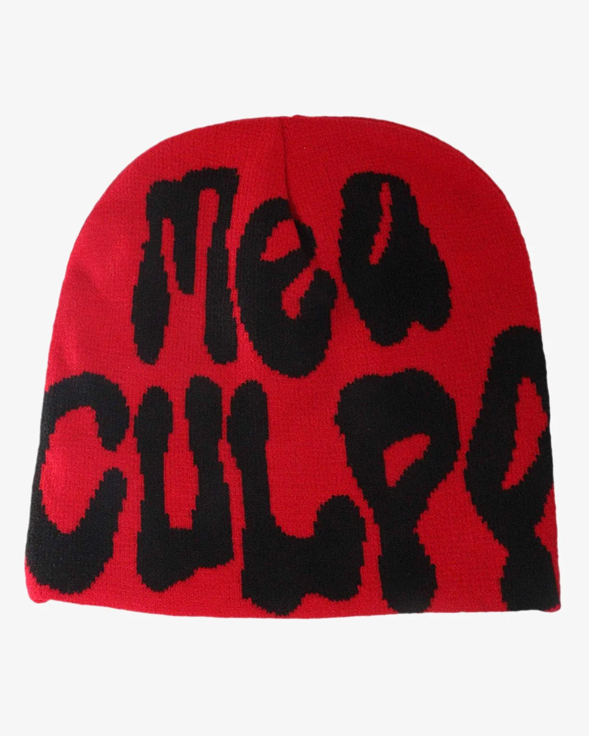 Letter Graphic Knit Hat with bold black graffiti-style letters on bright red knit. Soft, stretchy, perfect for adding personality to winter streetwear.