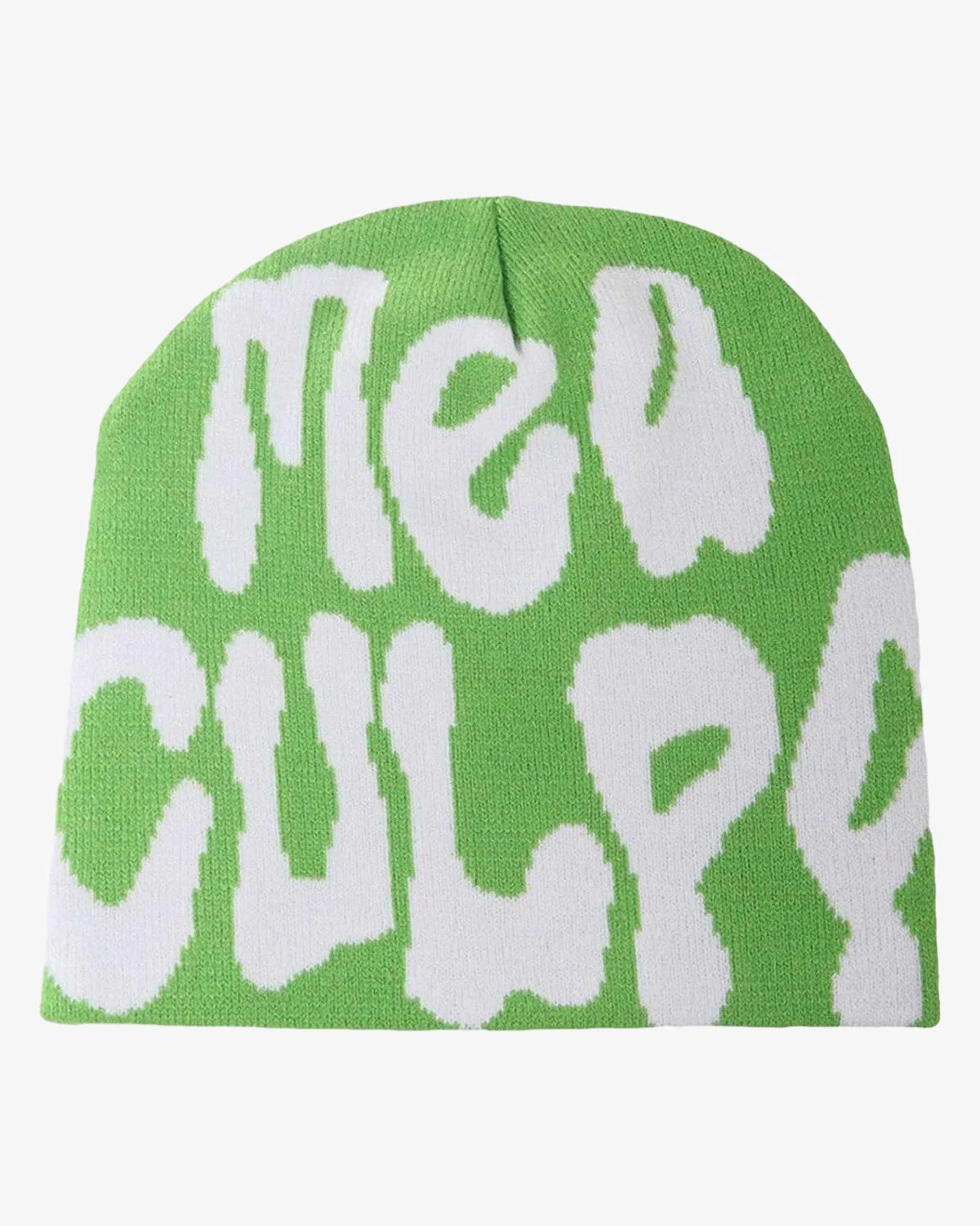 Bright green Letter Graphic Knit Hat with New Culture in bold white letters, offering a soft texture and stretch fit for stylish streetwear.