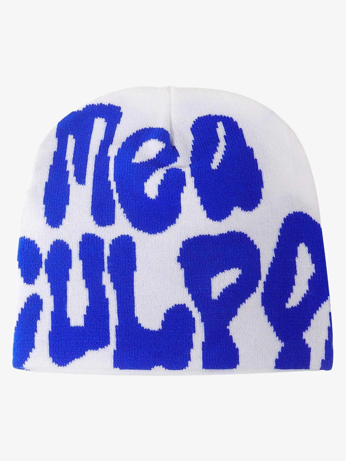 Letter Graphic Knit Hat with bold squiggly blue lettering, offering a stylish, comfortable fit for streetwear and winter outfits. Ideal for adding personality to any ensemble.
