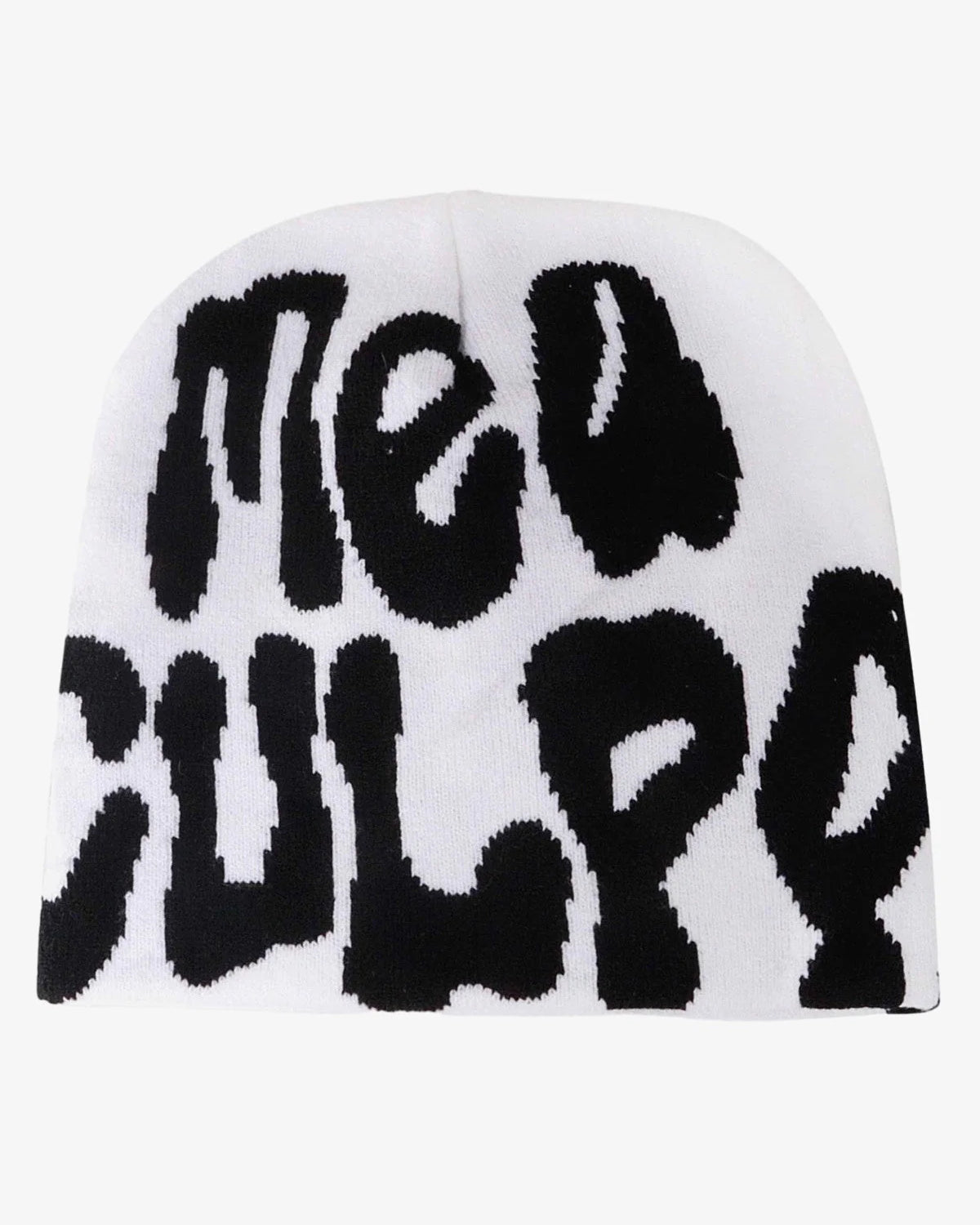 Letter Graphic Knit Hat with bold black lettering in drippy style, offering a soft knit texture and comfortable stretch fit for streetwear and winter outfits.