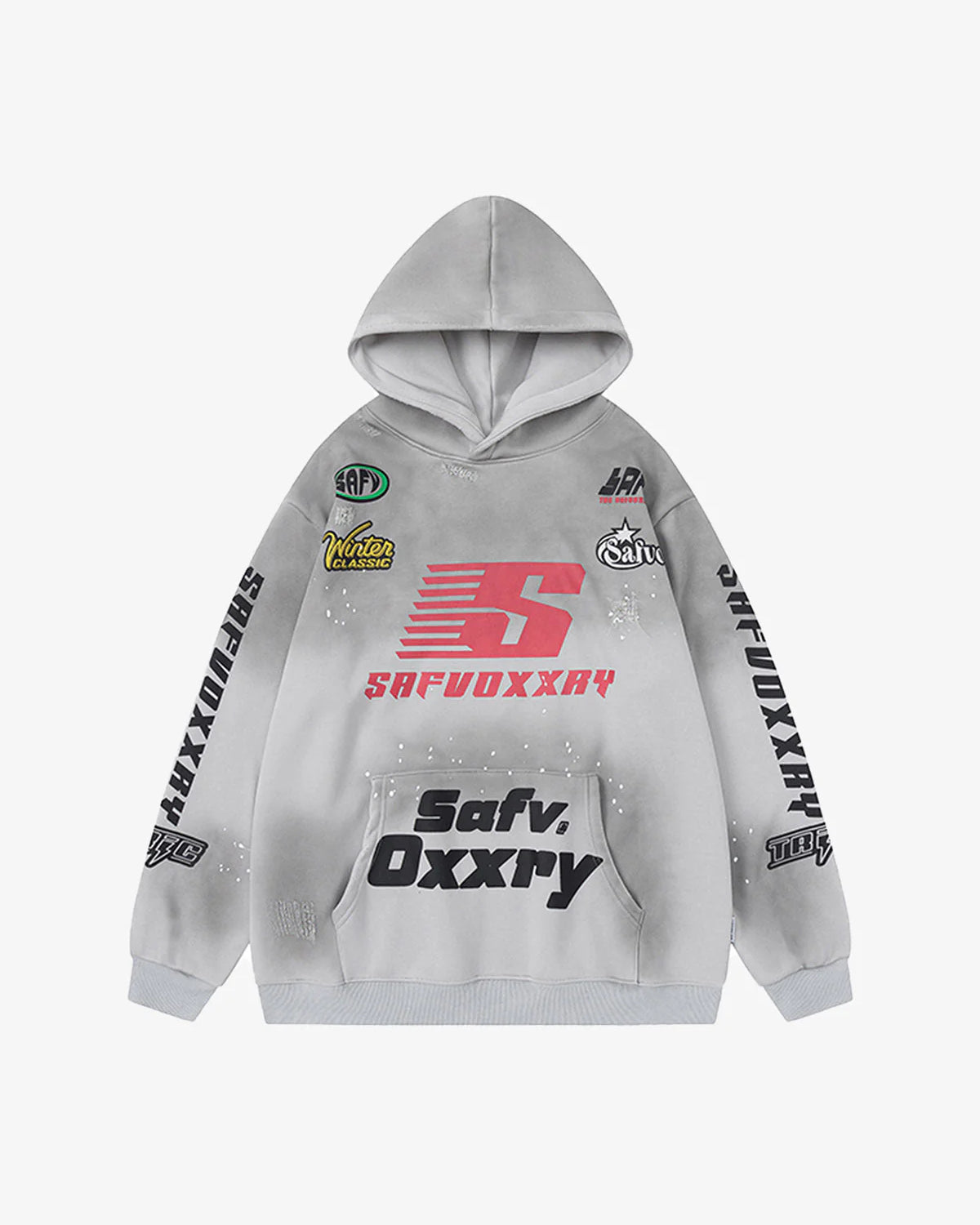 Racing Graphic Distressed Streetwear Hoodie featuring a red S, SAFVOXXRY4, bold pocket text, and racing-themed logos, offering a high-street motorsport-inspired look.
