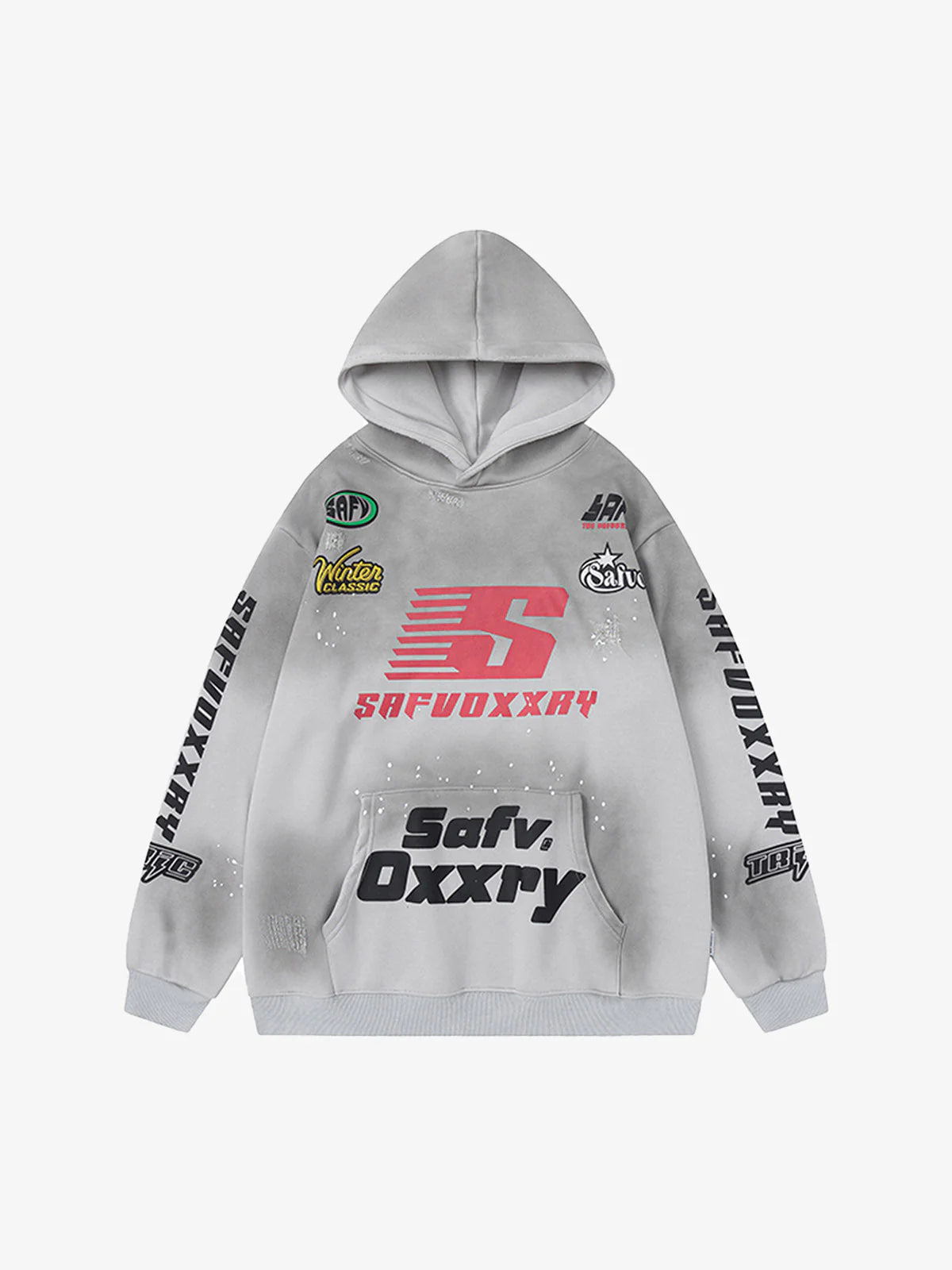 Racing Graphic Distressed Streetwear Hoodie featuring a red S, SAFVOXXRY4, bold pocket text, and racing-themed logos, offering a high-street motorsport-inspired look.