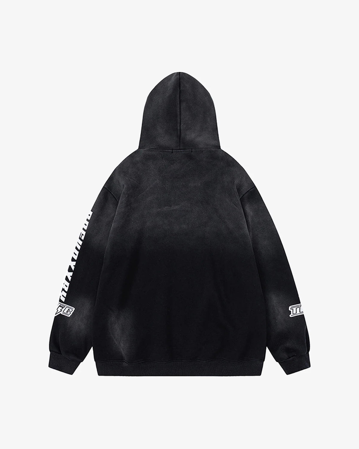 Racing Graphic Distressed Streetwear Hoodie, black with white sleeve graphics, hood, ribbed cuffs, hem, showcasing oversized racing-inspired visuals for a bold streetwear look.