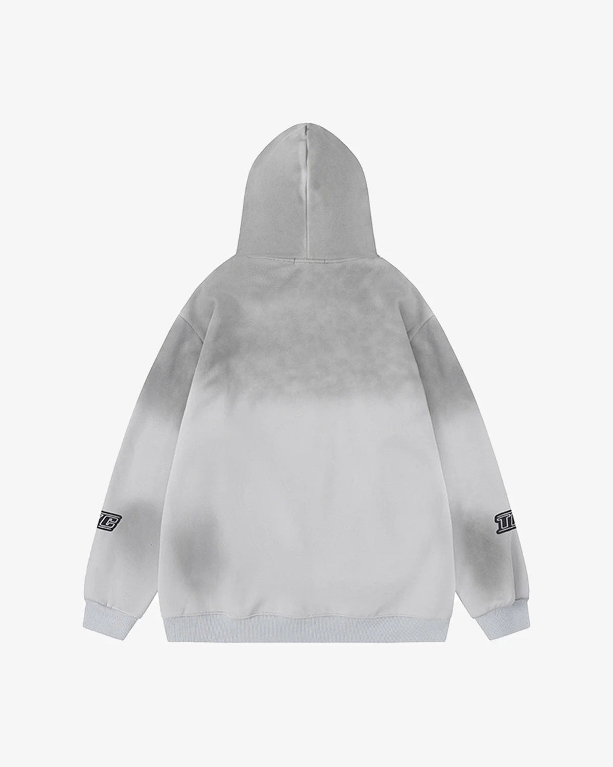 Racing Graphic Distressed Streetwear Hoodie; back view showcasing gradient wash, ribbed cuffs, and dark sleeve logos, embodying bold motorsport-inspired street style.