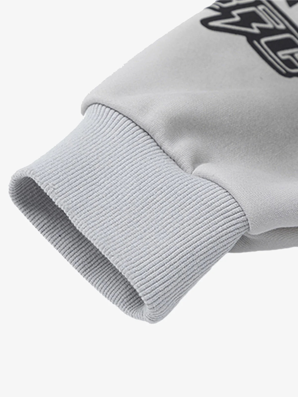 Close-up of Racing Graphic Distressed Streetwear Hoodie, highlighting the ribbed, elasticized wrist hem and smooth sleeve fabric, emphasizing its bold, motorsport-inspired streetwear style.