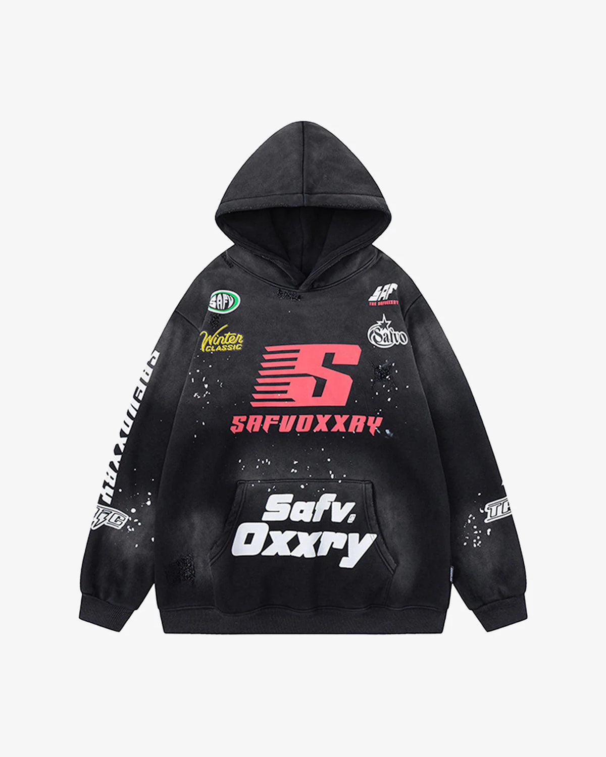 Racing Graphic Distressed Streetwear Hoodie with large red “S” logo, paint-splatter effect, and racing-inspired graphics and patches on sleeves and chest.