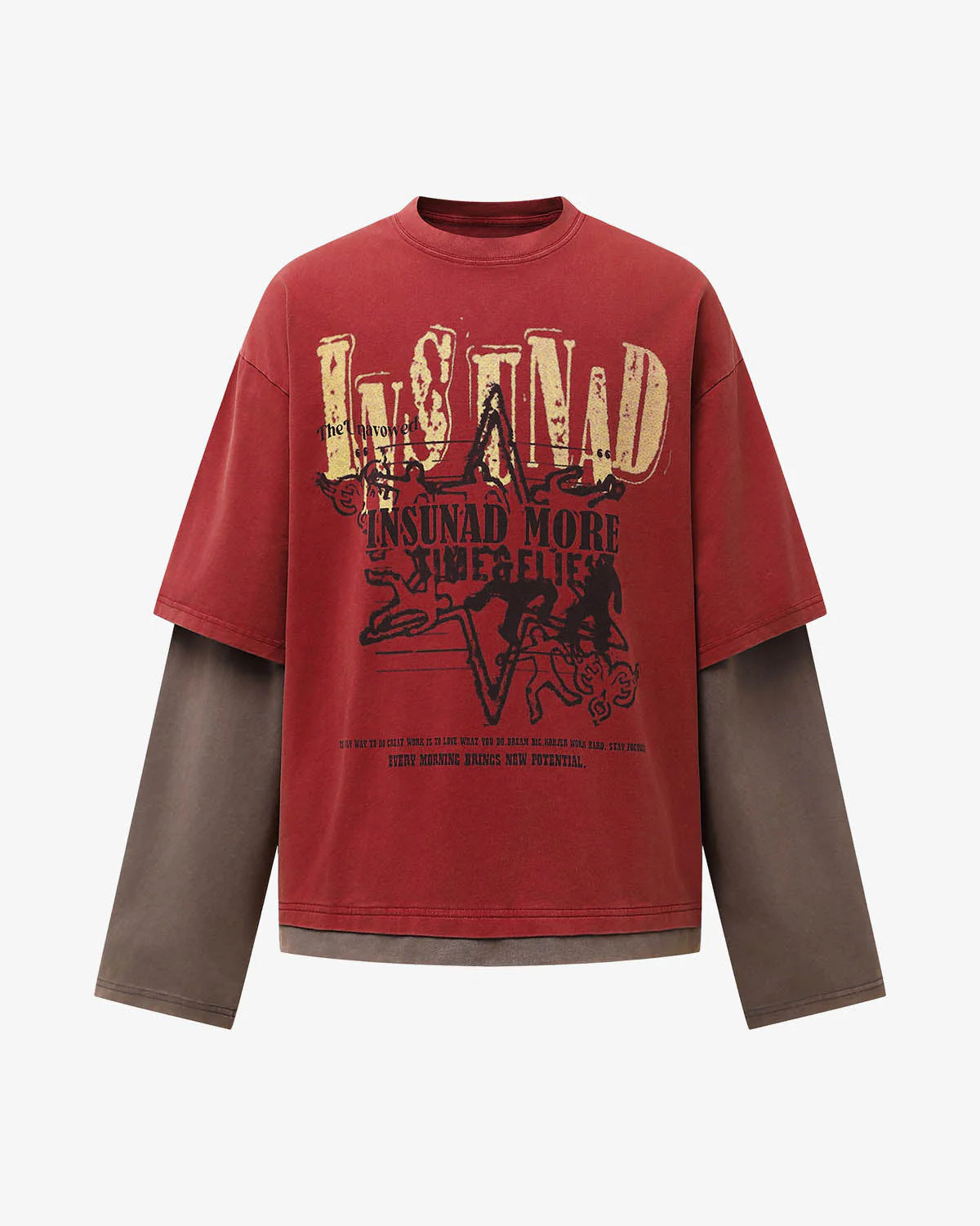 Retro Graphic Layered Streetwear T-Shirt featuring a washed-red short-sleeve over brown long-sleeve, with distressed LWAND lettering and star graphic for a vintage streetwear look.