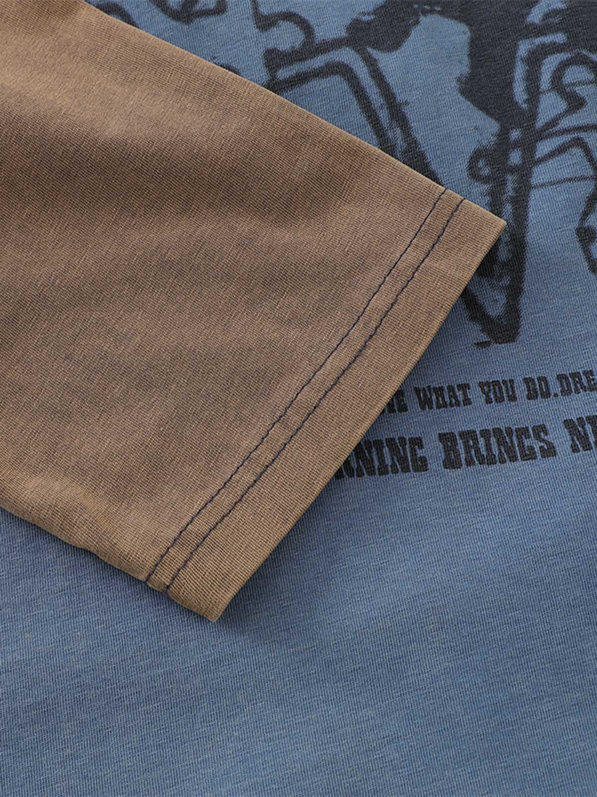 Retro Graphic Layered Streetwear T-Shirt featuring a brown sleeve over a blue shirt with drone graphics and stencil-style text, showcasing a vintage street aesthetic.