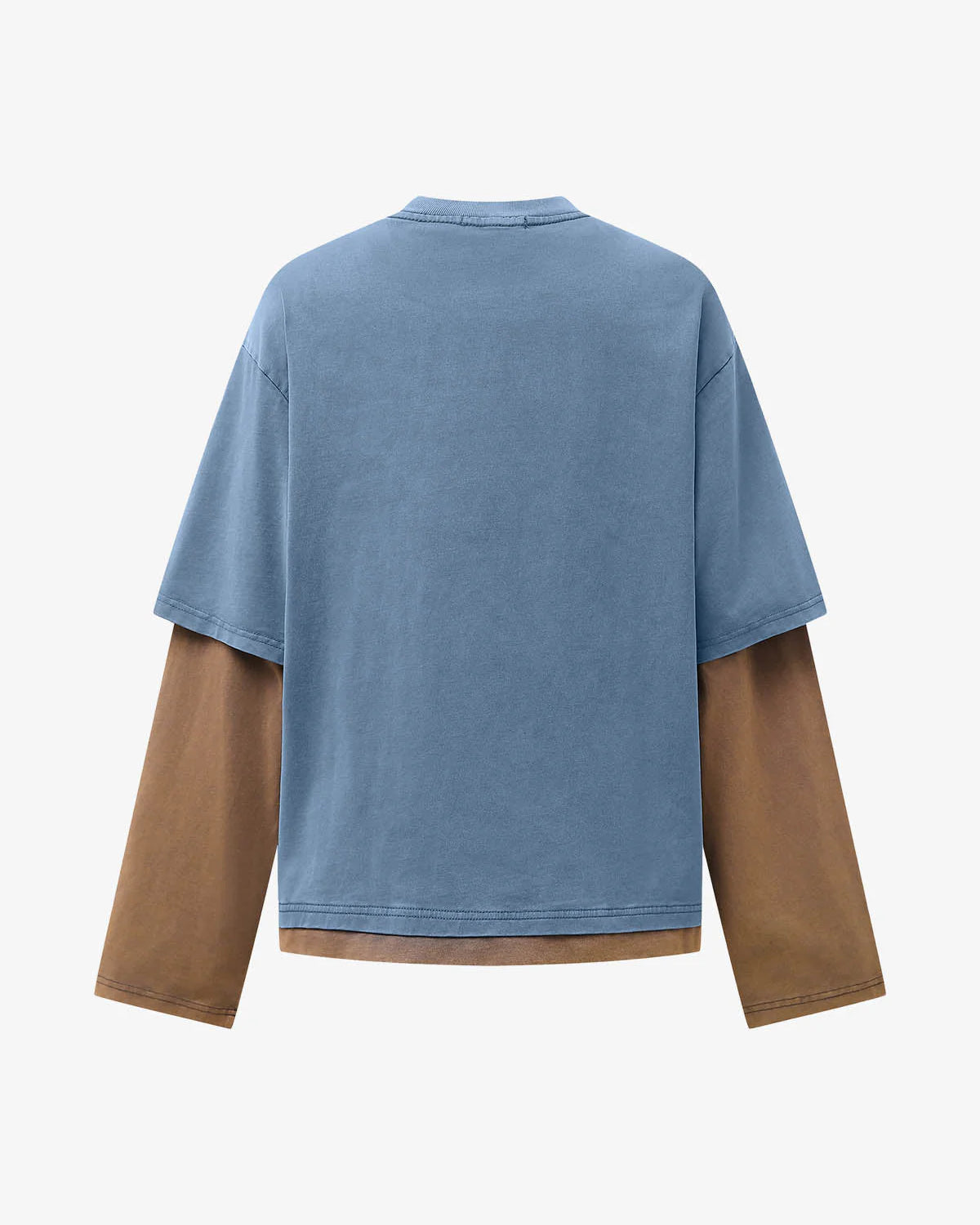 Retro Graphic Layered Streetwear T-Shirt with a sky-blue short-sleeve and brown long sleeves, creating a seamless two-layer effect for a bold streetwear look.