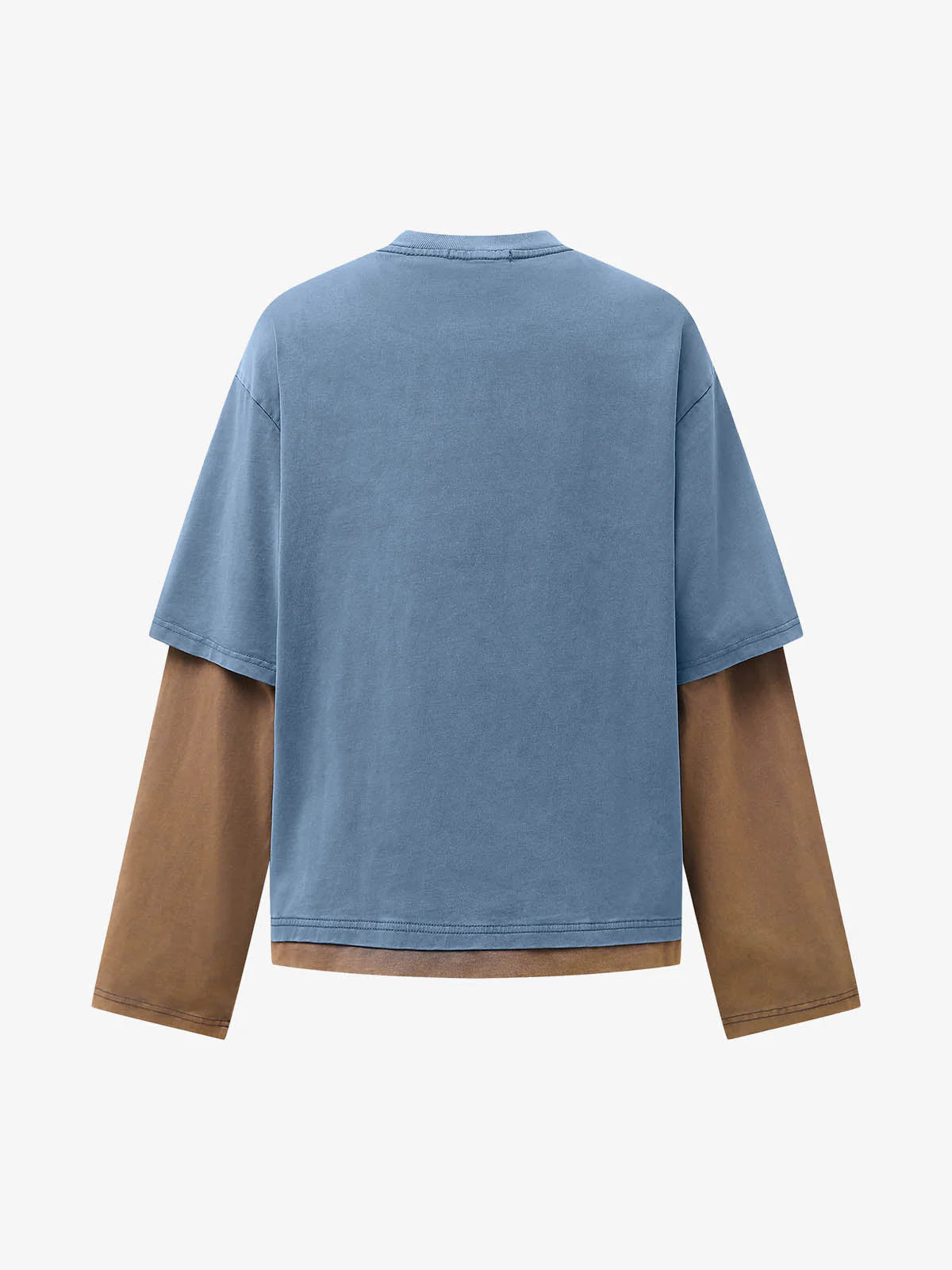 Retro Graphic Layered Streetwear T-Shirt with a sky-blue short-sleeve and brown long sleeves, creating a seamless two-layer effect for a bold streetwear look.